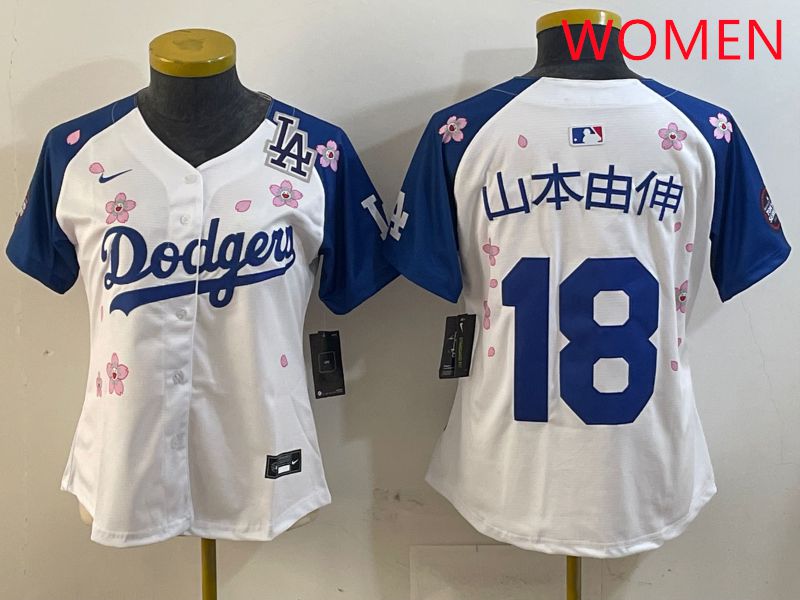 Women Los Angeles Dodgers #18 Yamamoto White Blue Sakura Edition 2025 Nike MLB Jersey style 14